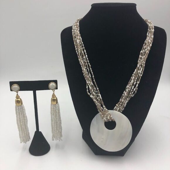White Shell Beaded Necklace and White Beaded Dangling Pierced Earring Set - Picture 1 of 12